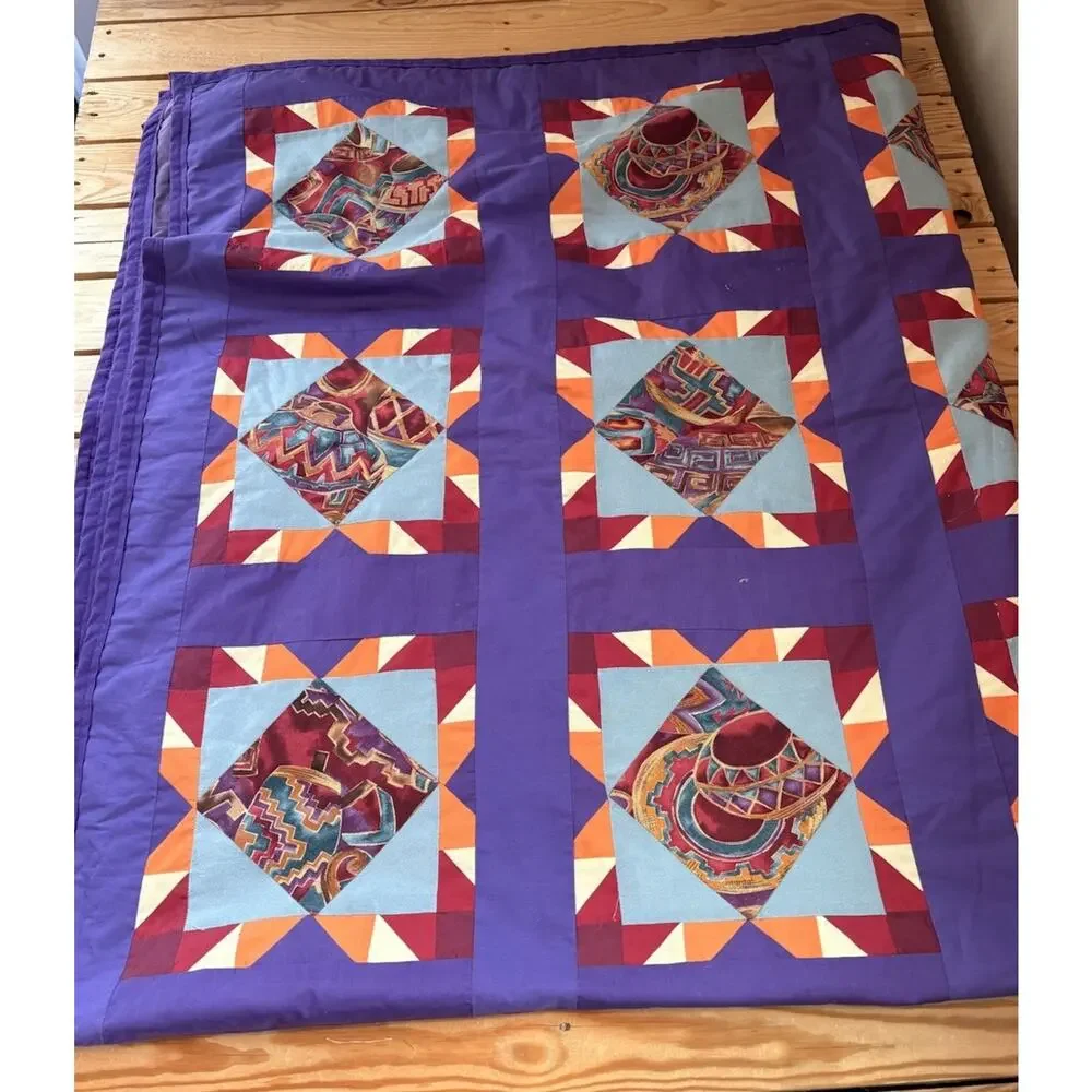 Vintage Handmade New Mexico Desert Pin Wheel Patchwork Quilt 78x64 Purple M7